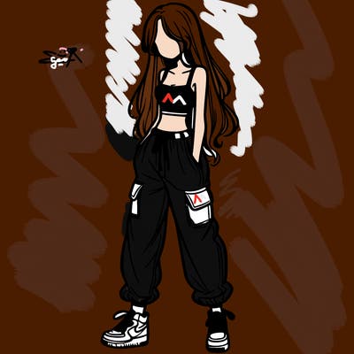 girl in baggy pants crop top and long hair