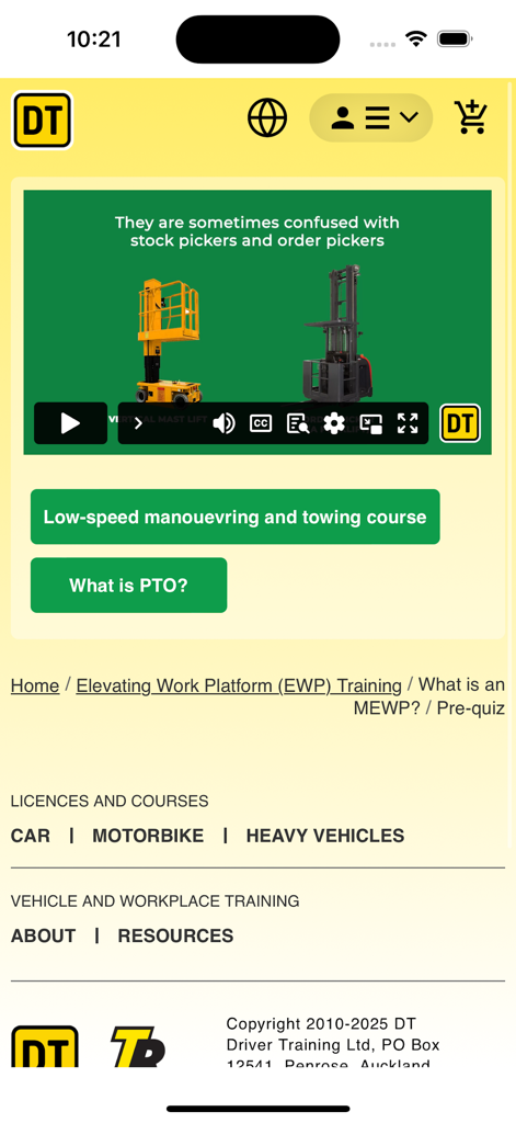 DT Driving Tests Theory app screen showing Elevating Work Platform training and machinery courses
