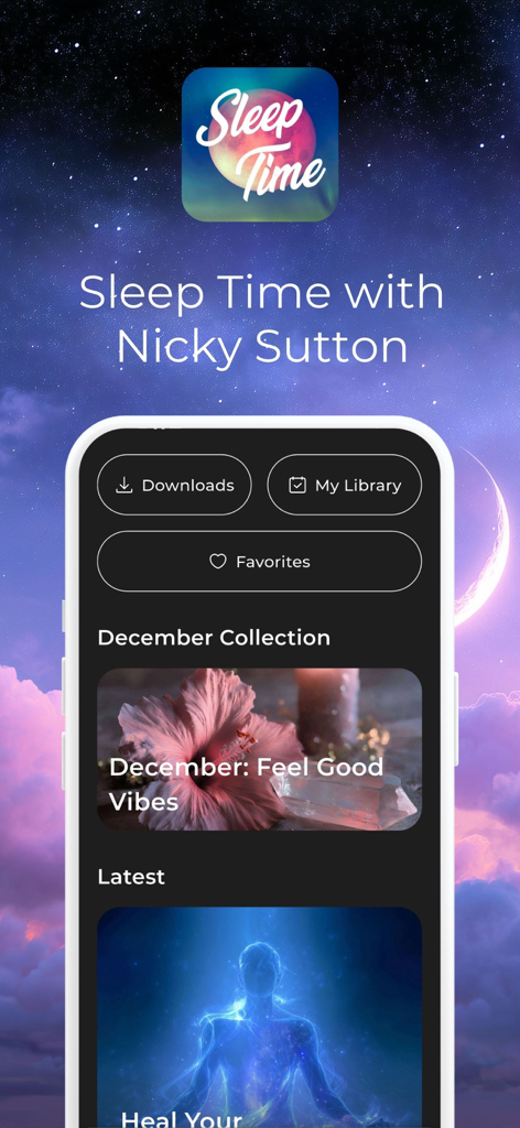 Sleep Time: Sleep Meditations - Home screen of the Sleep Time meditation app by Nicky Sutton showing the library and meditation collections against a starry night background.