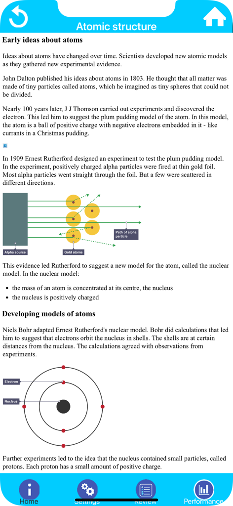 Lesson screen about atomic structure with diagrams of historical atomic models