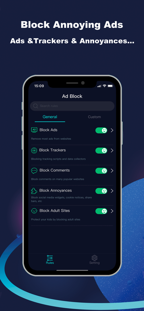 Interfaz de la aplicación Bloqueador de Anuncios y Filtros que muestra la configuración para bloquear anuncios, rastreadores y sitios para adultos