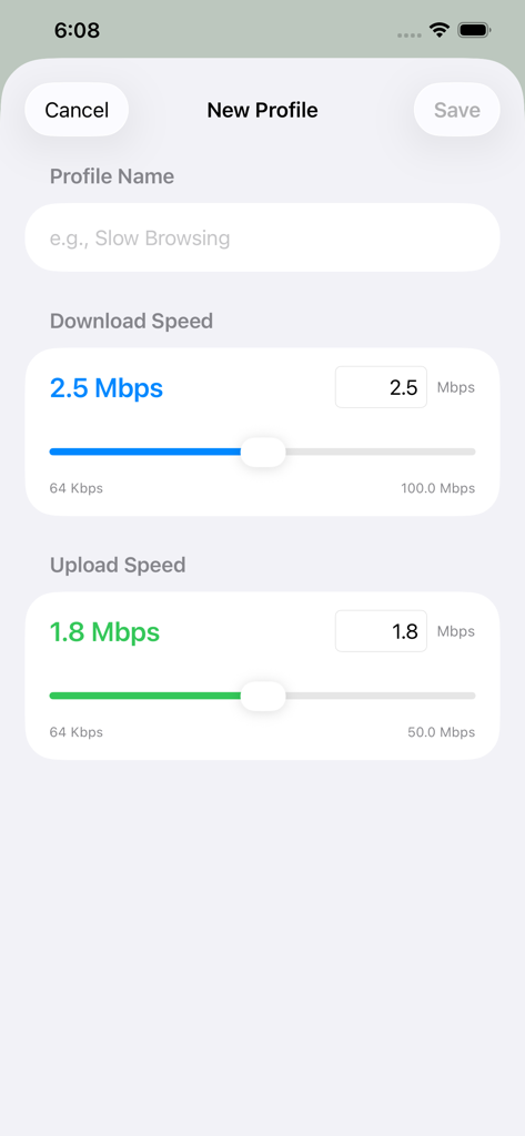 Internet Speed Limiter - The new profile configuration screen in the Internet Speed Limiter app showing custom download and upload speed sliders.
