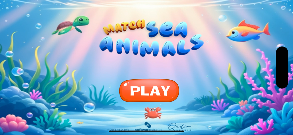 Match Sea Animals Kids Puzzle - Pantalla de inicio colorida de la aplicación Match Sea Animals Kids Puzzle con una escena submarina y un gran botón de reproducción naranja.