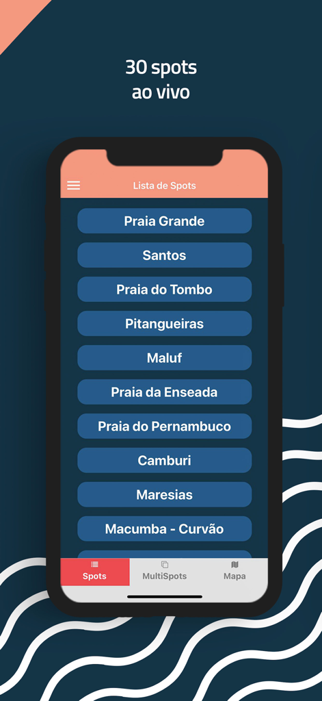 Mobile app screen showing a list of 30 live surf spots including Praia Grande and Santos