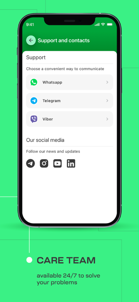 Support and contacts screen in the ECOFACTOR app showing 24/7 care team availability and social media links.