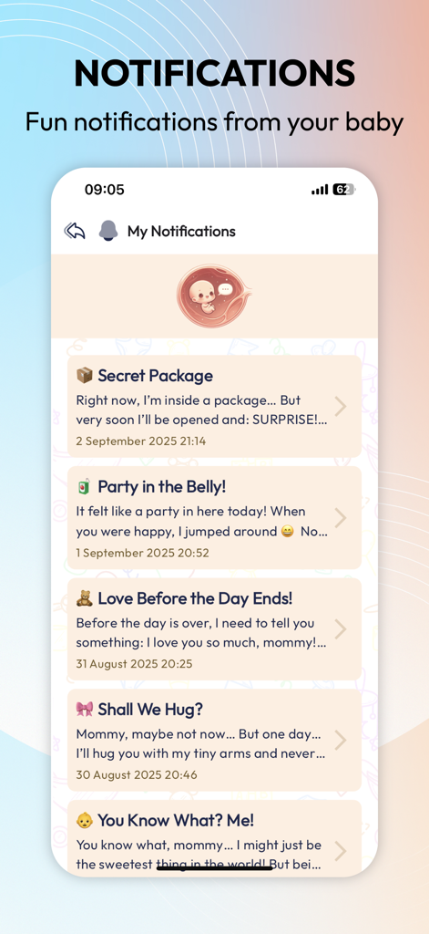 Miracle Mom Pregnancy Tracker - Miracle Mom app showing personalized notifications and daily messages from the baby