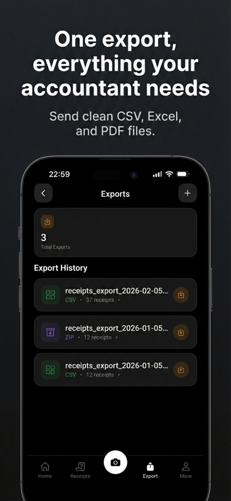 ReceiptFlow: AI Receipt Scan - ReceiptFlow app screen showing export history of CSV and ZIP files for accountant reports.