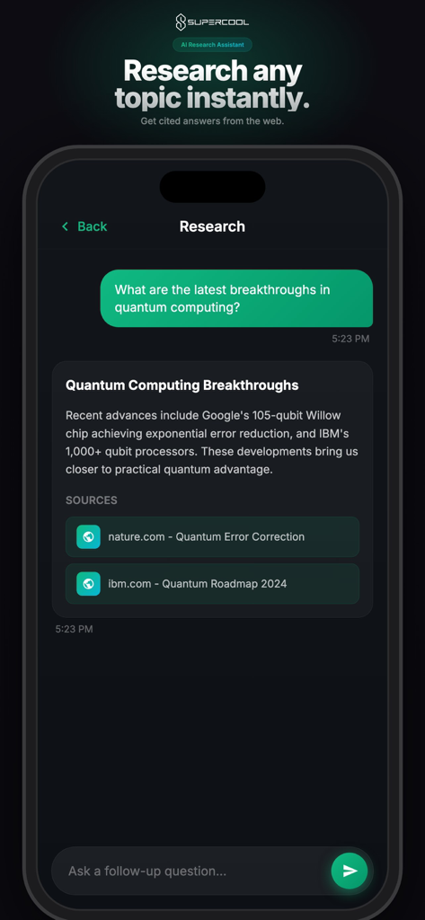 SuperCool - AI Agent - SuperCool AI research assistant interface providing cited answers to a user query about quantum computing.
