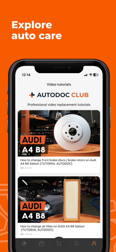 AUTODOC – shop for car parts - AUTODOC app screen displaying professional car repair video tutorials for vehicle maintenance