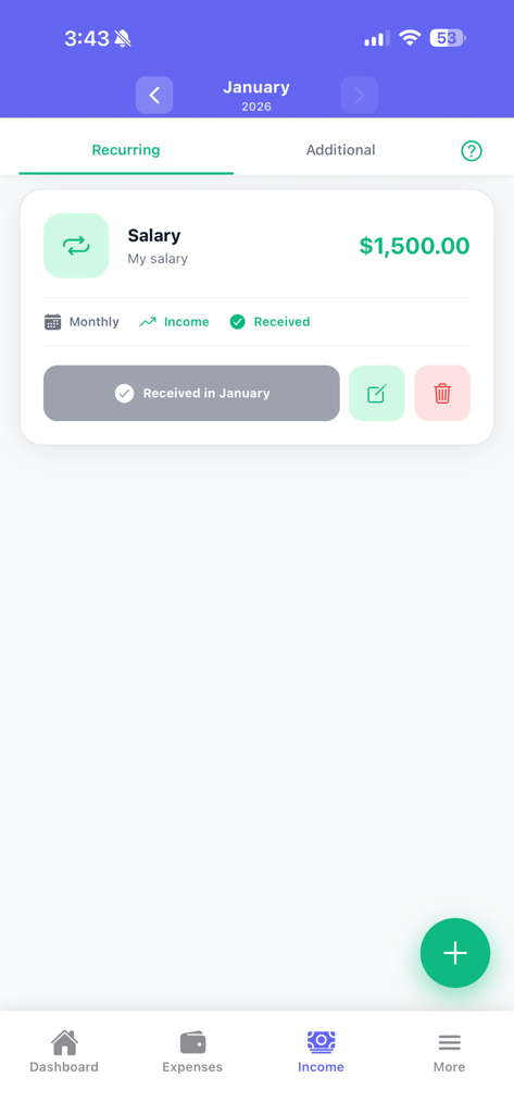 Screenshot der Money Track AI App, die ein monatliches Gehalt im Bereich der wiederkehrenden Einnahmen anzeigt.