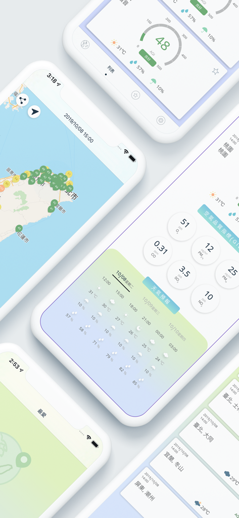 Taiwan Air Quality Index(AQI) - Screenshots of the Taiwan Air Quality Index app showing map view and detailed pollutant levels