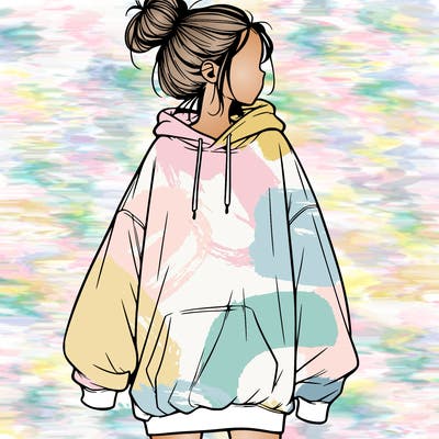 realistic girl with a oversized sweatshirt on and a bun