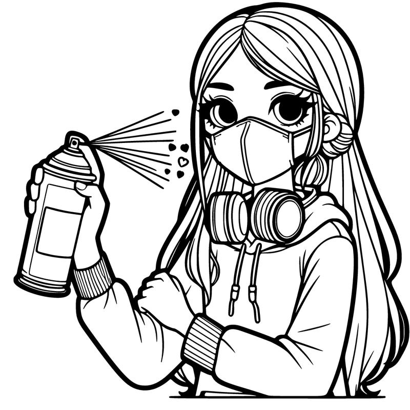 a girl wearing a mask, holding a can of spray paint with spray paint on her clothes and long hair
