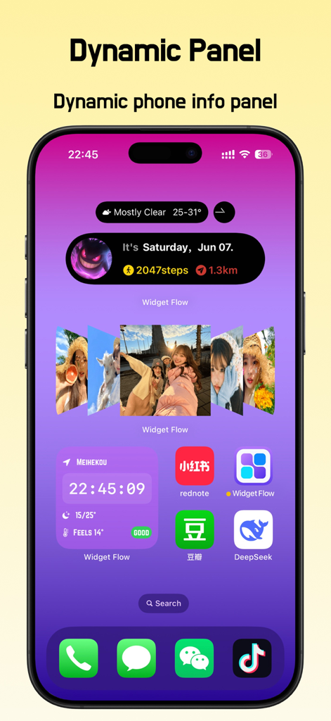 Home screen dell'iPhone con pannello dinamico di Widgets Flow e widget fotografici estetici.