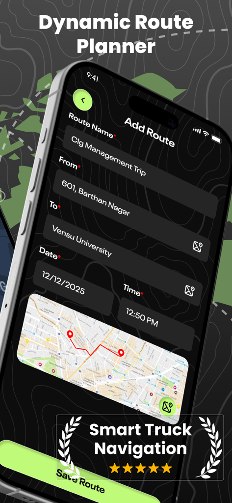 Truck Route GPS & IFTA - Interfaz de la aplicación Truck Route GPS que muestra el planificador de rutas dinámico con campos de destino y un mapa.