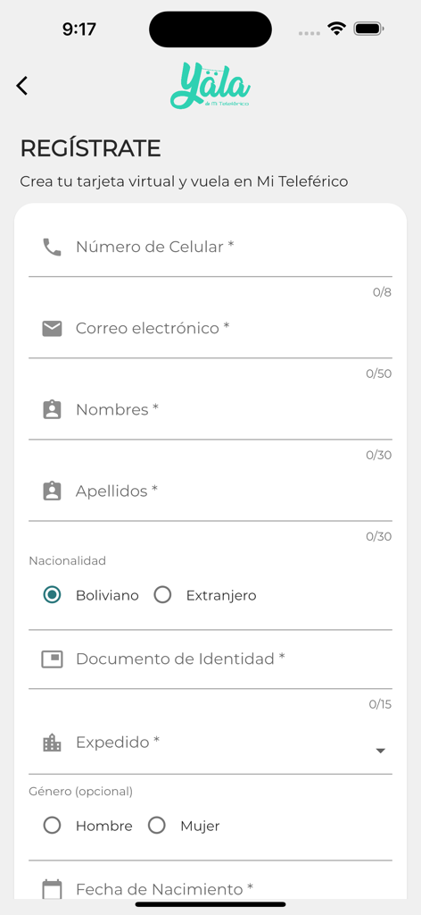 Yala Mi Teleférico - Mobile registration form for the Yala Mi Teleferico transit app.