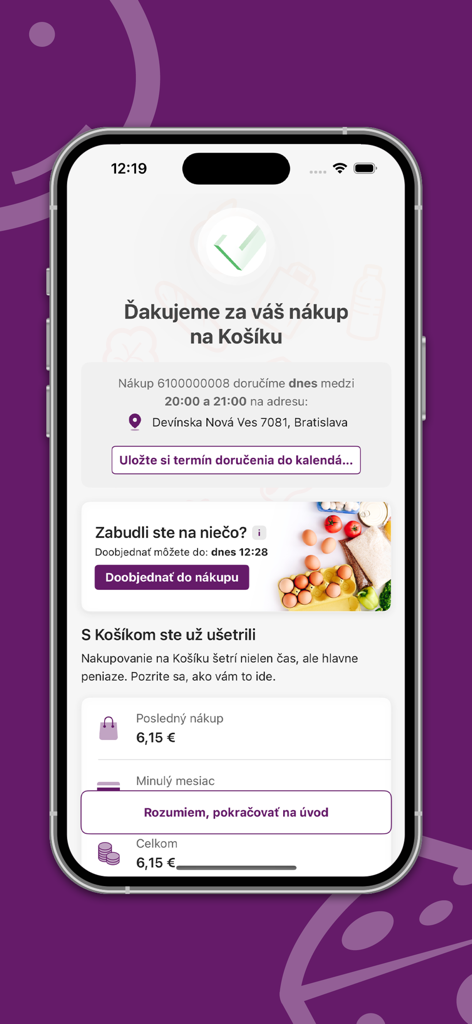 Košík.sk - Order confirmation screen of the Kosik grocery delivery app showing delivery schedule and savings summary