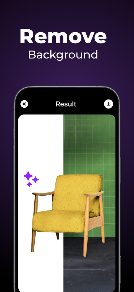 Pixelate - AI Photo Enhancer - A screenshot of the Pixelate app showing a yellow chair with its background being removed by AI