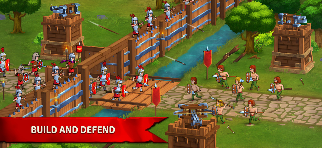 Soldados romanos defendendo uma fortificação de madeira de atacantes bárbaros no Grow Empire Rome.