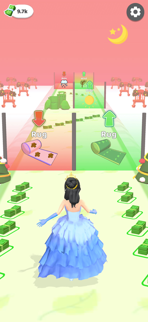 Princess Dress up Wedding Game - 青いガウンを着たプリンセスが、メイクオーバーを進めるために清潔なラグと汚れたラグの間で選択しなければならないモバイルゲームレベルを走っている。