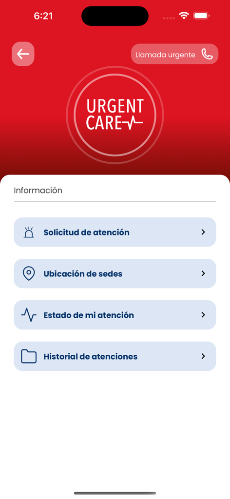 Venemergencia - Venemergencia mobile app urgent care interface showing service request and location options in Spanish