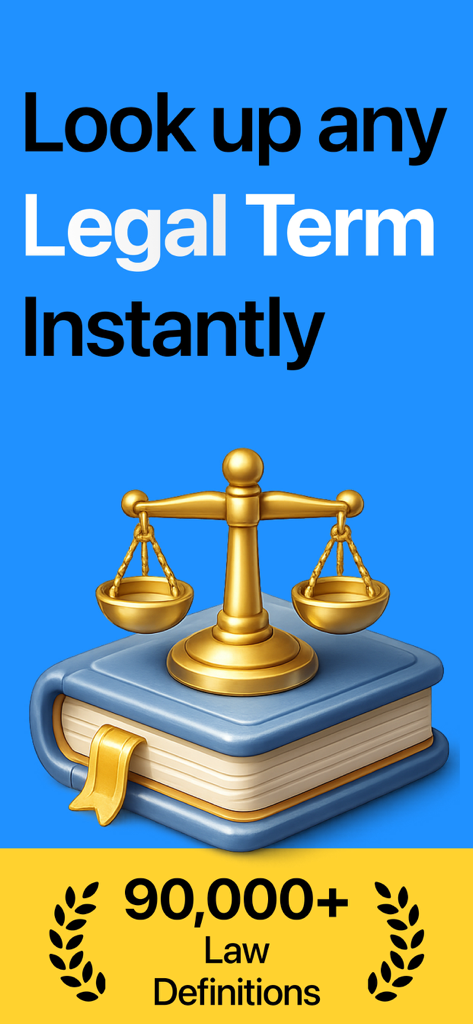 Scales of justice on a law book with text promising instant lookup of over ninety thousand legal terms