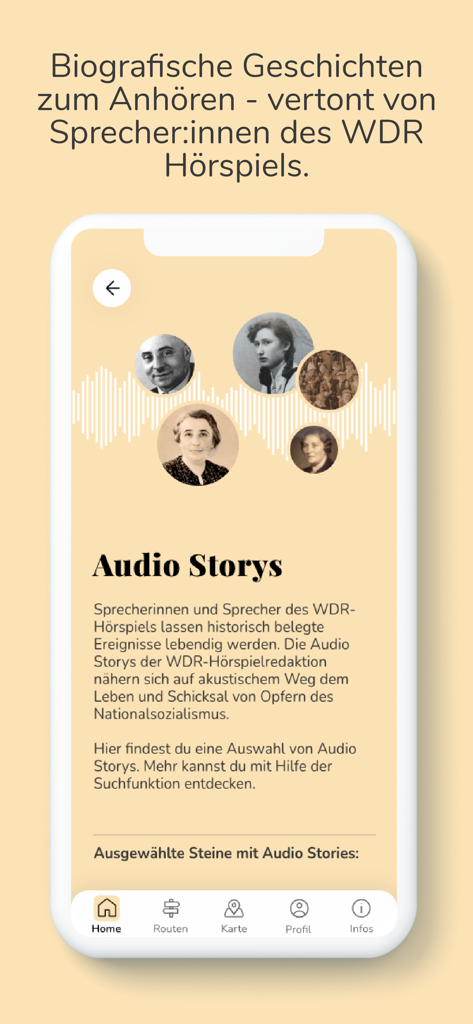 Stolpersteine NRW - Mobile app screen for Stolpersteine NRW showing the Audio Stories section with historical portraits and a sound wave graphic