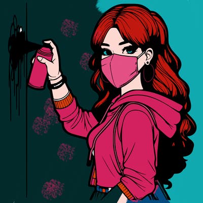 realistic girl with mask spray painting a wall