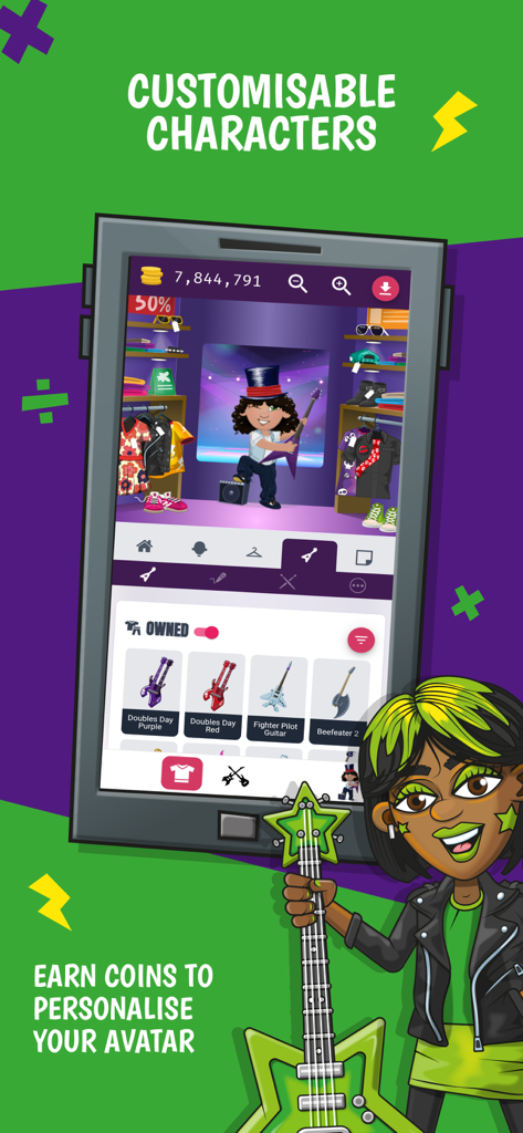 Times Tables Rock Stars - Oberfläche der Times Tables Rock Stars-App, die Optionen zur Charakteranpassung und einen Avatar-Shop zur Personalisierung von Rockstar-Avataren zeigt