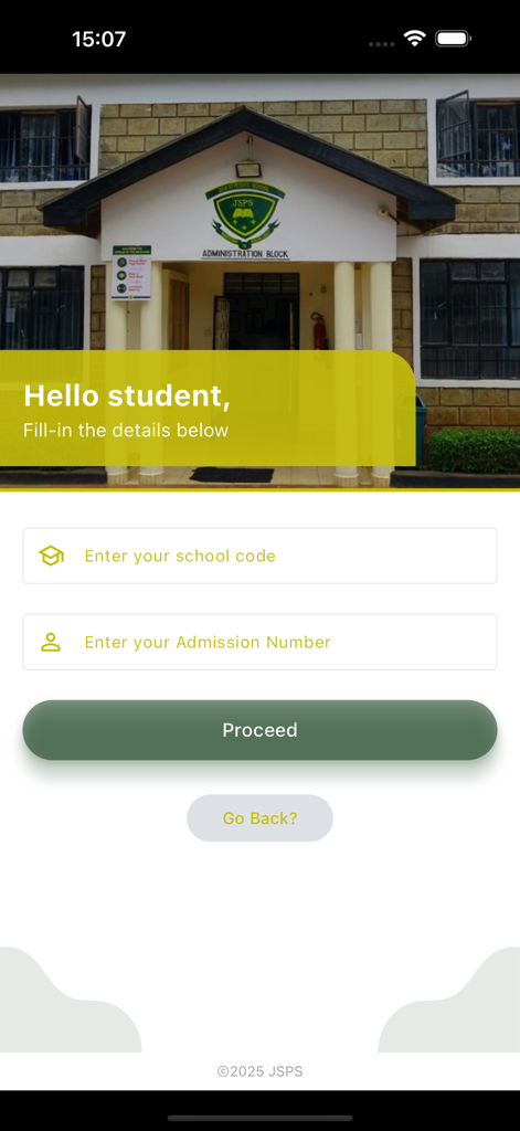 Student login screen for the JSPS educational management app featuring fields for school code and admission number.