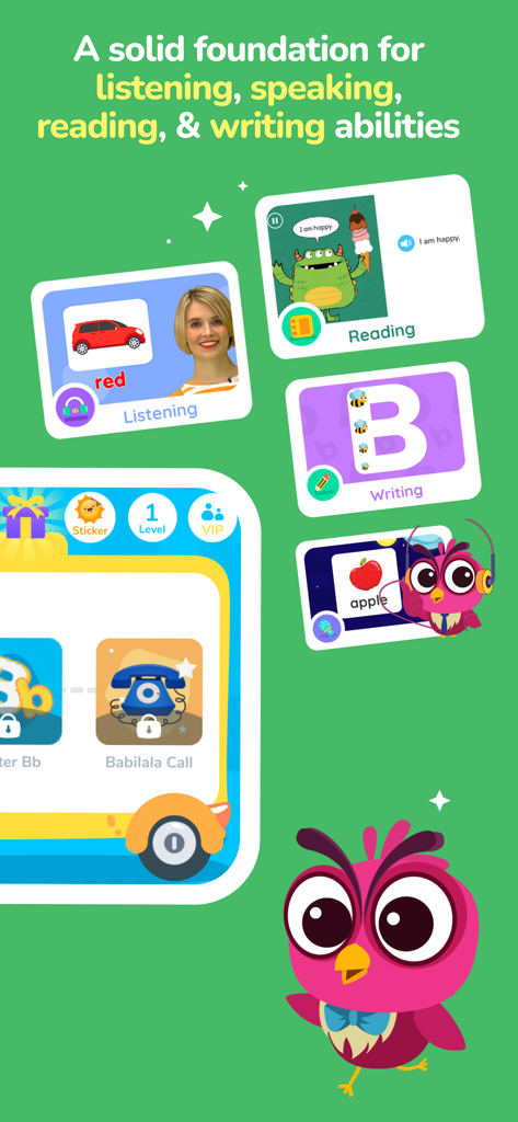 Babilala app screen demonstrating English listening speaking reading and writing lessons for children