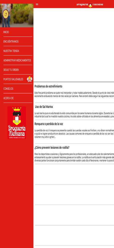 Droguería Alemana - Smartphone screen of the Droguería Alemana app featuring a side menu and health advice section in Spanish