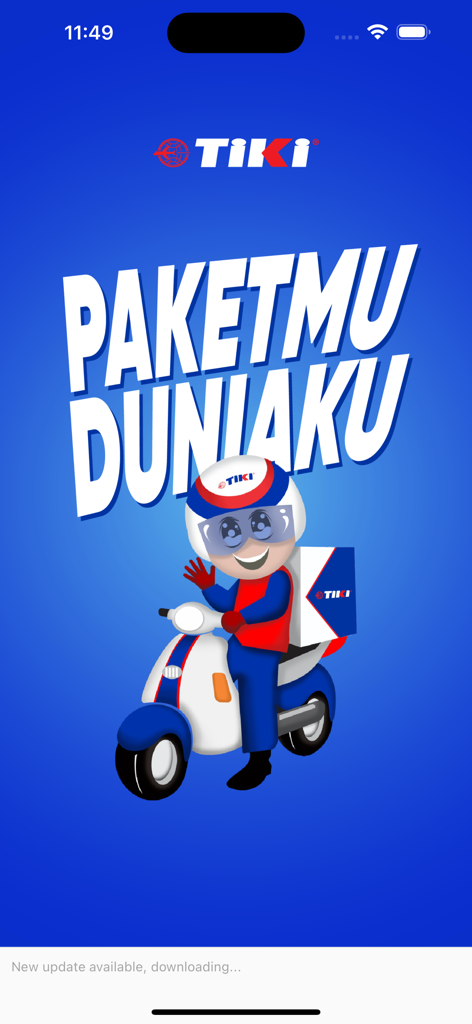Tiki - Tiki courier app splash screen featuring a mascot on a delivery scooter with the slogan Paketmu Duniaku.