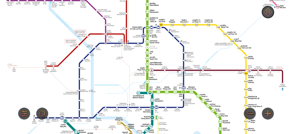 Bangkok MRT BTS Map Route - 상세한 방콕 MRT 및 BTS 대중교통 네트워크 지도 인터페이스