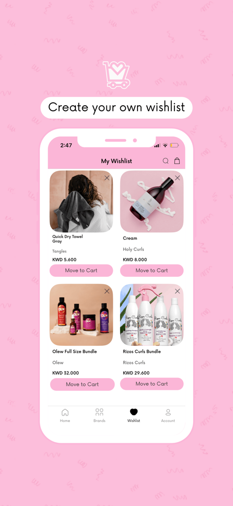 Shop Curls - A mobile screen from the Shop Curls app showing a user wishlist with various hair care products and bundles