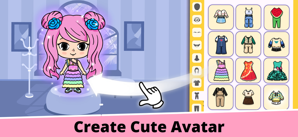 Tizi My World Avatar City Life - Ein Bildschirm zur Charakteranpassung in Tizi My World, auf dem ein Spieler einen pinkhaarigen Avatar mit verschiedenen bunten Outfits einkleiden kann.