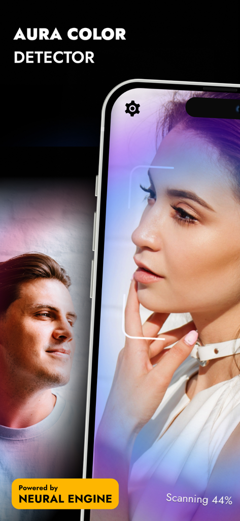 Aura & Energy Detector with AI - Interfaz de aplicación de smartphone escaneando el rostro de una mujer para detectar su color de aura usando IA