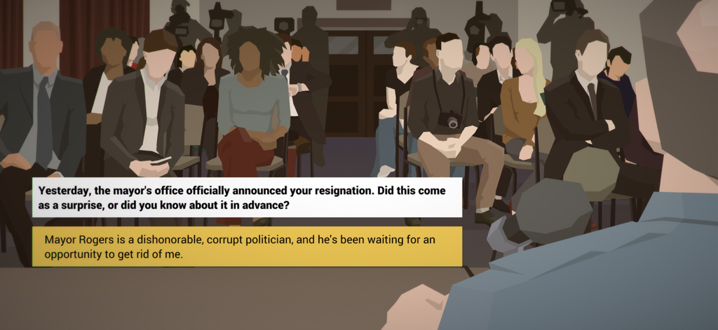 This Is the Police - A press conference scene in This Is the Police showing a dialogue about political corruption