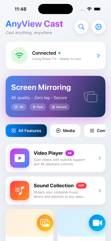 Anyview Cast - Anyview Cast App-Oberfläche zeigt Funktionen für Screen-Mirroring und Medien-Casting für Smart-TVs.