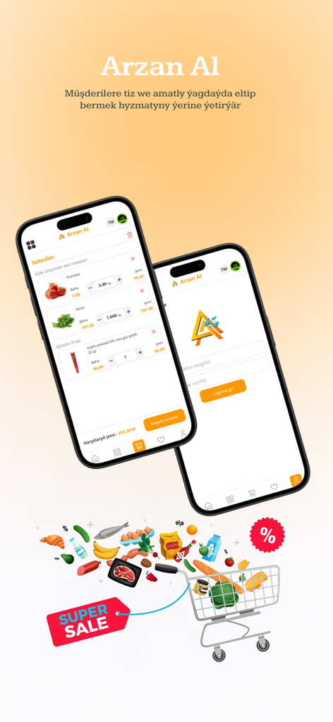 Arzan Al Market Taze app interface showing a shopping cart with fresh produce and a grocery delivery promotion.