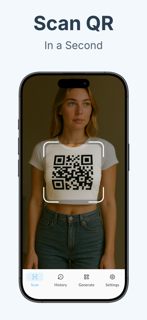 QRBot: Reader & Maker - iPhone-Bildschirm zeigt die QRBot-App beim Scannen eines QR-Codes auf einem T-Shirt