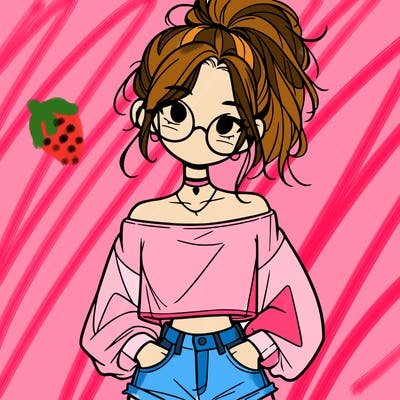 girl with a messy ponytail glasses a baggy crop top and jean shorts