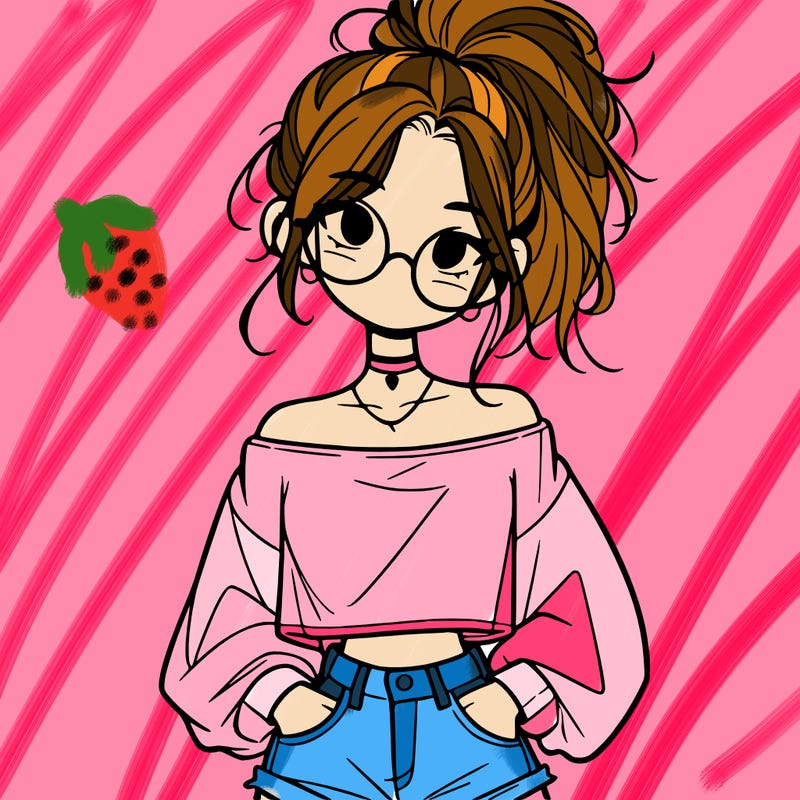 girl with a messy ponytail glasses a baggy crop top and jean shorts