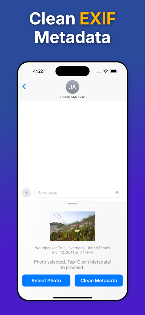 Interfaz que muestra cómo limpiar metadatos EXIF de fotos directamente dentro de iMessage.