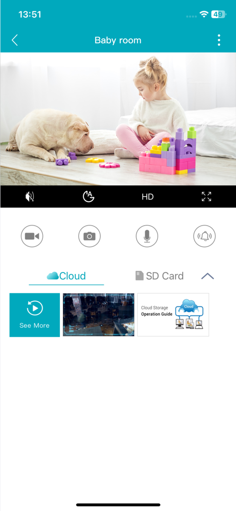 Vimtag - Vimtag app interface showing real time HD video of a child and dog in a baby room