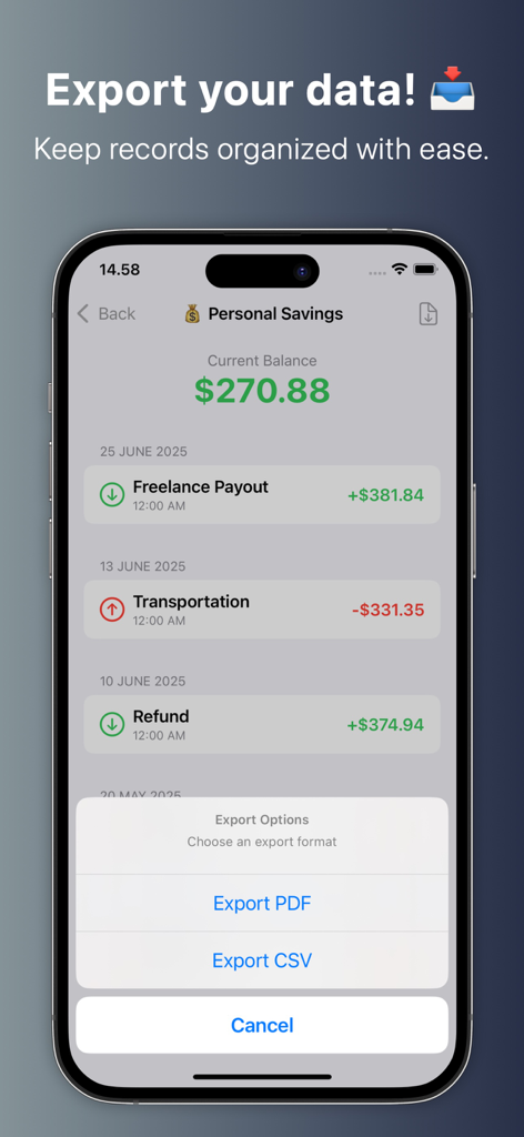 Easy Cashbook : Simple Budget - Easy Cashbook app showing income and expense export options to PDF or CSV