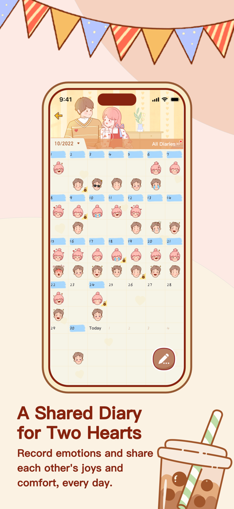 Un calendario de diario de estado de ánimo compartido para parejas con íconos de avatares de dibujos animados y seguimiento emocional diario.