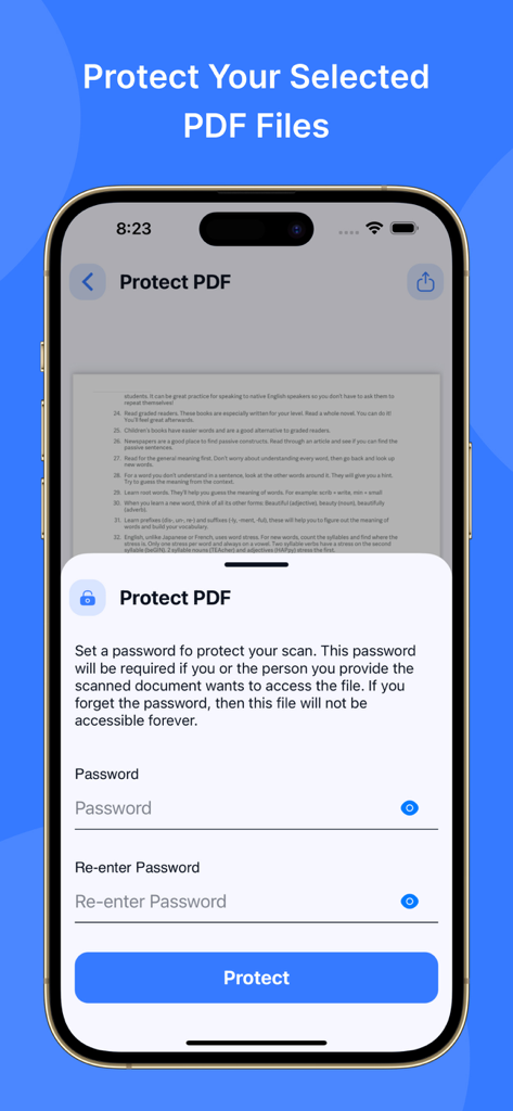PDF Viewer: Easy PDF Viewer - Mobile app interface showing how to set a password to protect a PDF document