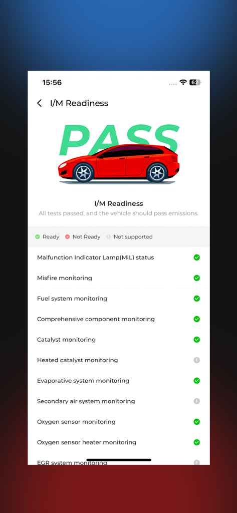 TopGuru - L'application TopGuru montrant le statut de réussite de la préparation IM pour les émissions du véhicule.