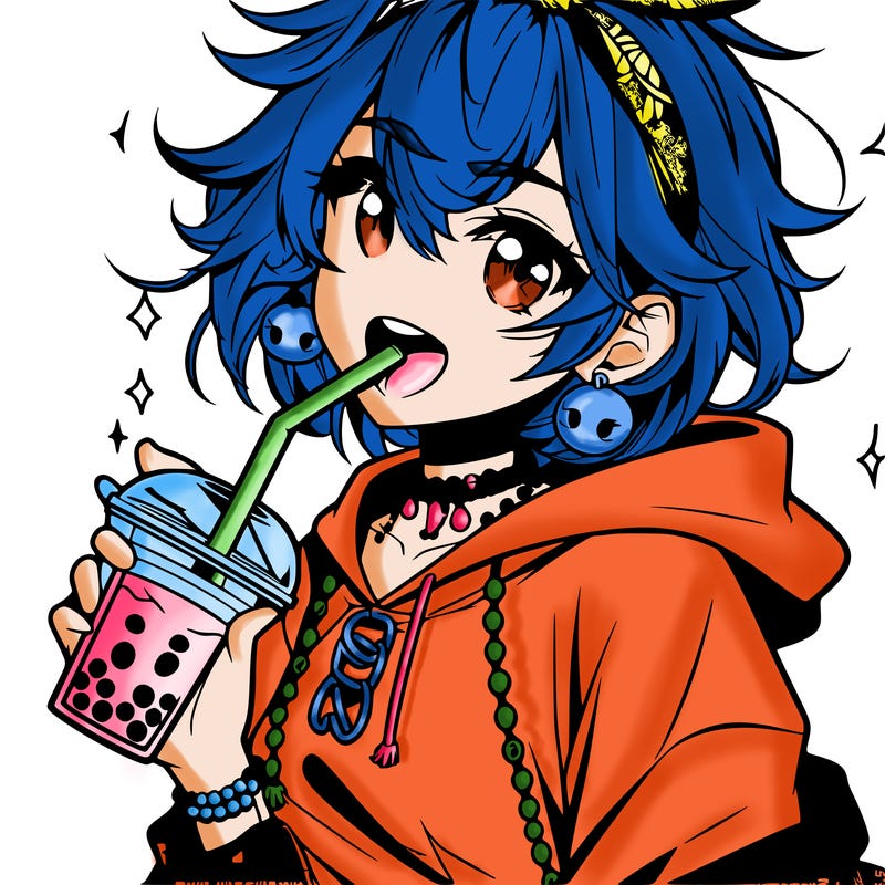 hot baddie anime girl drinking boba and biting the straw